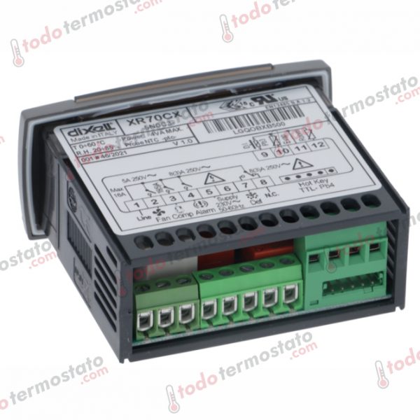 Datos técnicos de termostato marca DIXELL XR70CX5N0C3 con un rango de -50 a +150°C