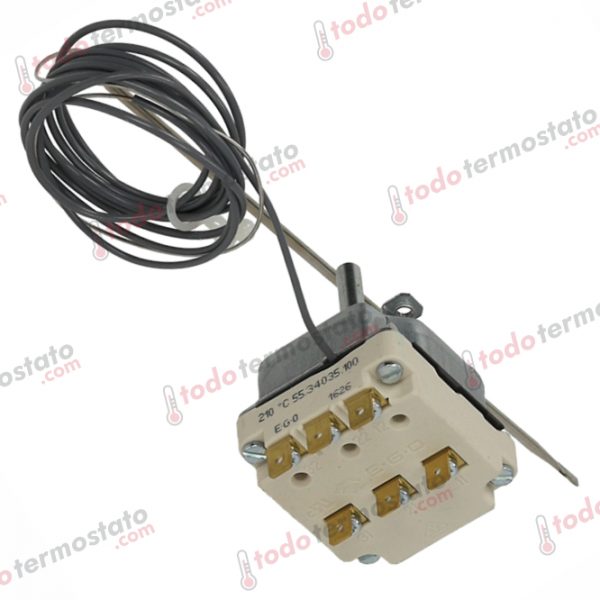 Datos técnicos de termostato marca EGO 5534035100 con un rango de 210°C