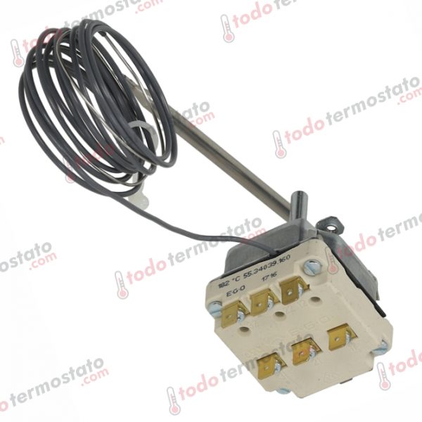 Datos técnicos de termostato marca EGO 5534039160 con un rango de 100-182°C