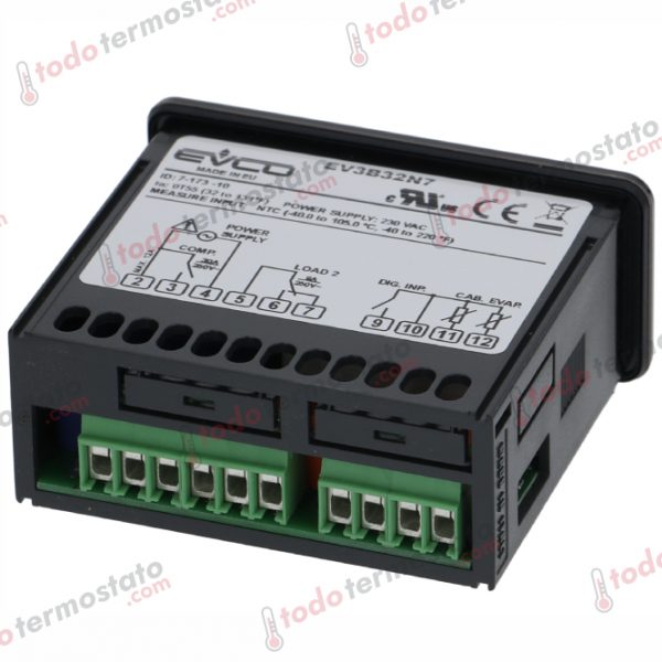 Datos técnicos de Termostato marca EVCO EV3123N7 con un rango de hasta 105°C