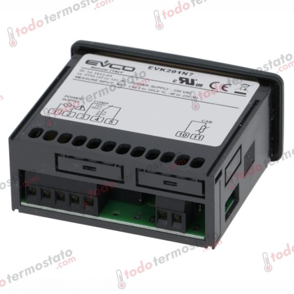 Datos técnicos de termostato marca EVCO EV3201N7 con un rango de hasta 105°C
