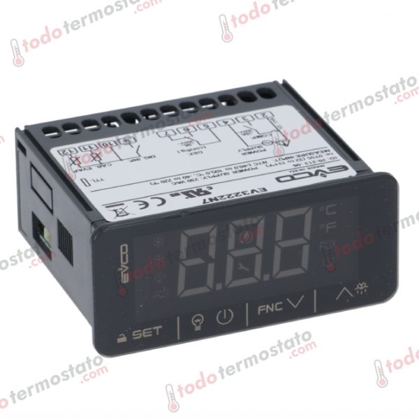 Termostato marca EVCO EV3222N7 con un rango de hasta 105°C
