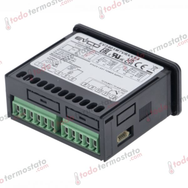 Datos técnicos de termostato marca EVCO EV3401M7VRXXX4 con un rango de 250°C