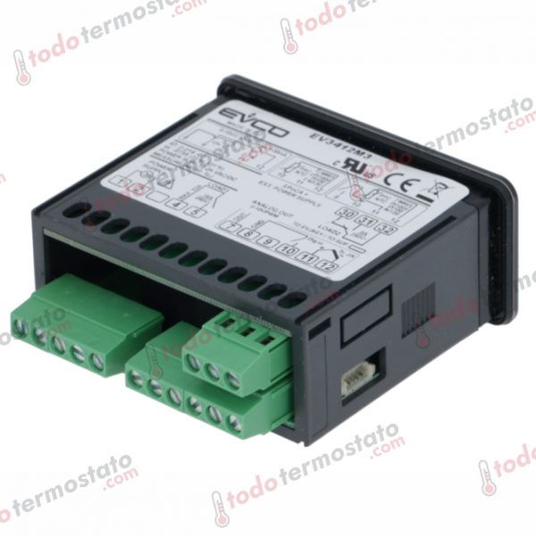 Datos técnicos de termostato marca EVCO EV3412M3 con un rango que depende del sensor
