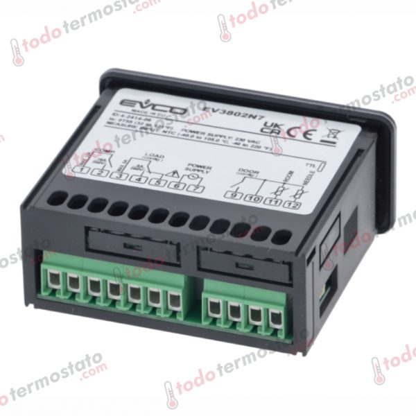 Datos técnicos de termostato marca EVCO EV3802N7 con un rango de -40 a +105°C
