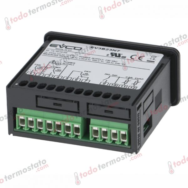 Datos técnicos de termostato marca EVCO EV3B23N7 con un rango de hasta 105°C