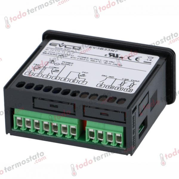 Datos técnicos de termostato marca EVCO EV3B33N7 con un rango de -40 a +105°C