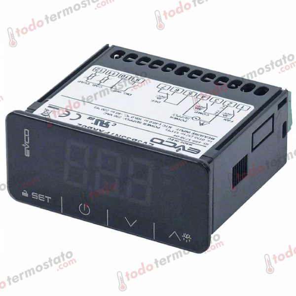 Termostato marca EVCO EV3B33N7PXRB02 con un rango de -40 a +105°C