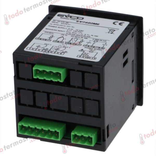 Datos técnicos de termostato marca EVCO EV7402 con un rango que dependen del sensor