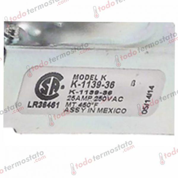 Datos técnicos de termostato marca ROBERTSHAW K-1139-36 con un rango de 12 a 232°C