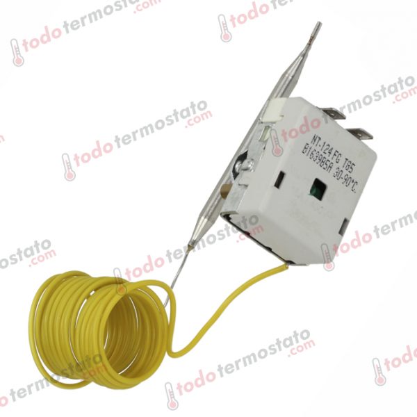 Datos técnicos de termostato marca TECASA NT-124FG con un rango de 30 a 90°C